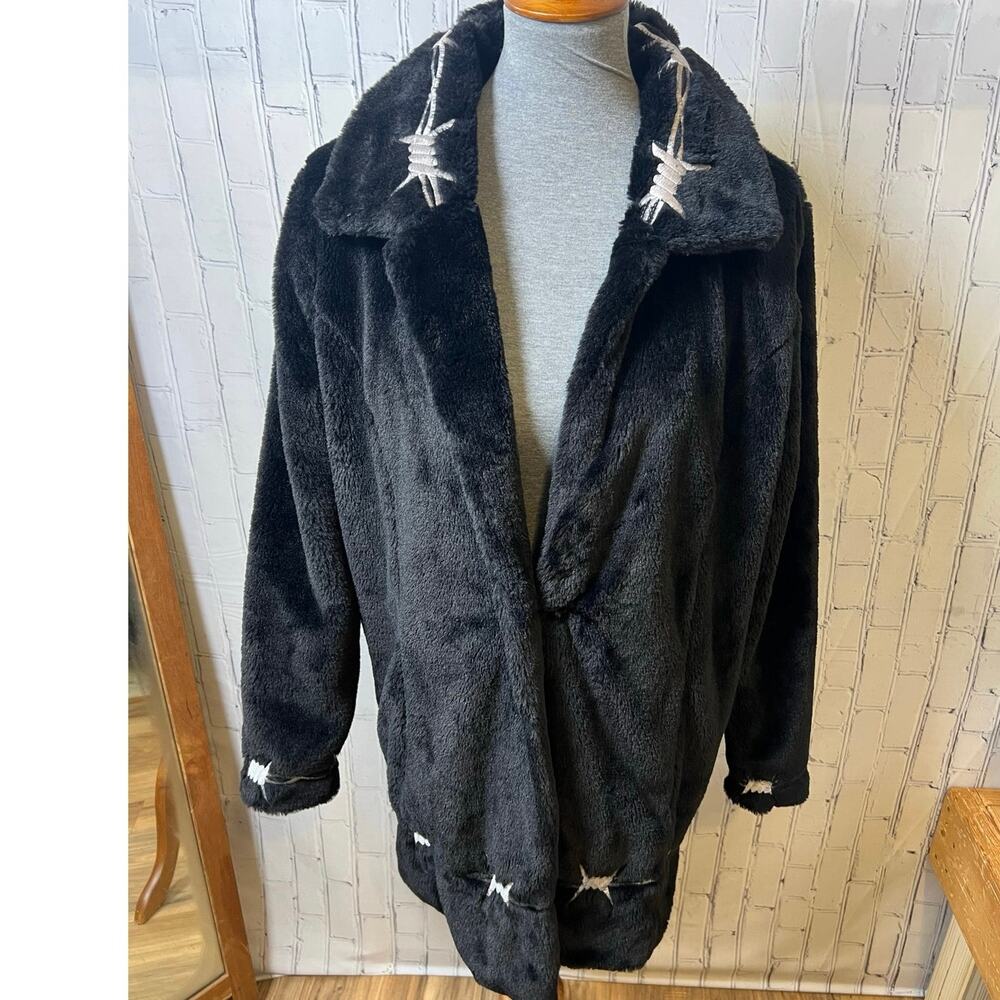 Current Mood Dolls Kill Dangerously Wired Faux Fur Jacket Black Barbed Wire SML
